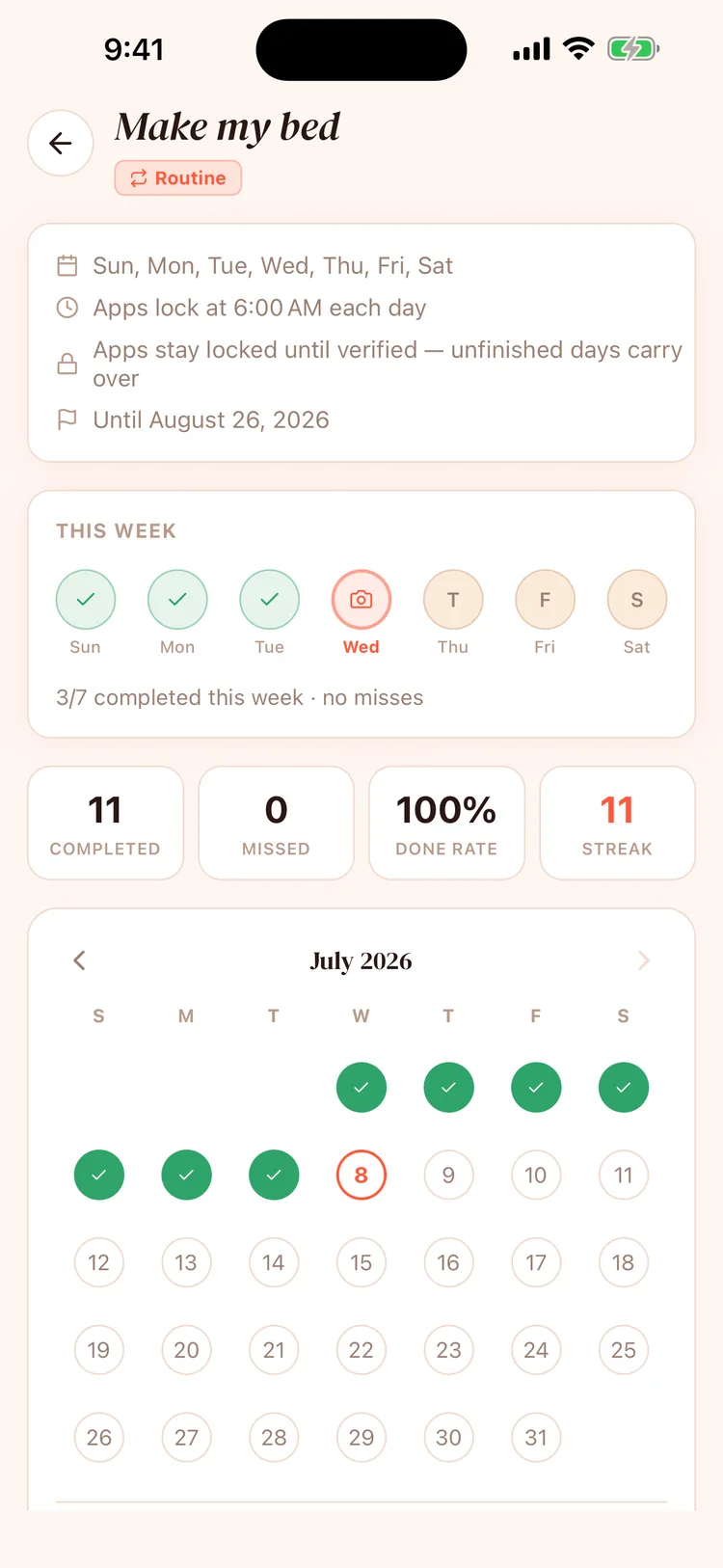 Make my bed routine — apps lock at 6:00 AM daily until verified; 11-day streak, 100% done rate